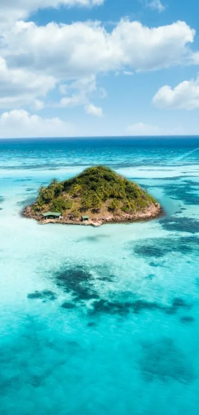 Aerial view of a small island surrounded by turquoise ocean waters.