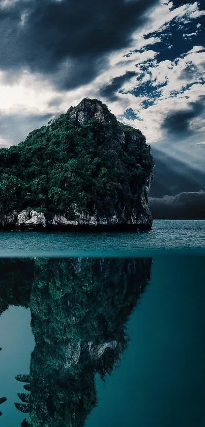 Tranquil island reflected on serene water under a dramatic sky.