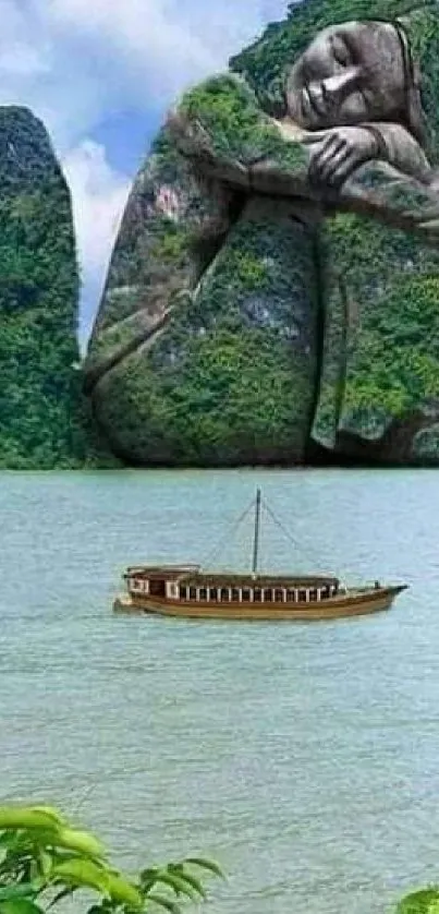 A serene island with a stone sculpture and a boat on calm waters.