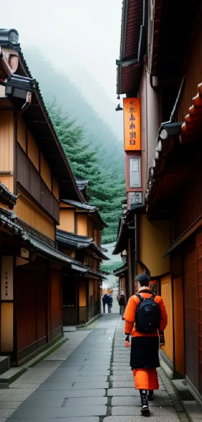 A serene Japanese alley with traditional wooden architecture and a lone traveler.