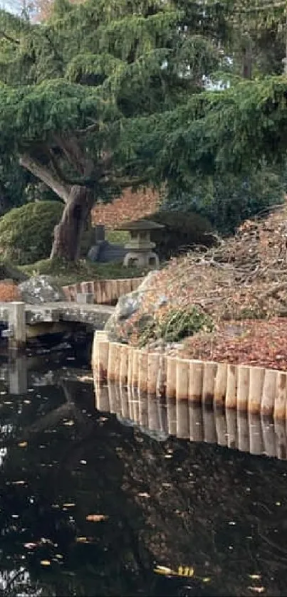 Tranquil Japanese garden with a reflective pond, showcasing lush greenery.