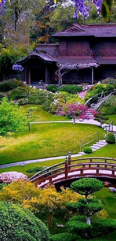 Tranquil Japanese garden with wooden bridge and lush scenery.