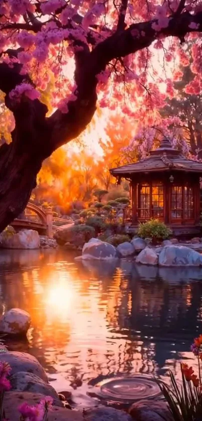 Japanese garden with cherry blossoms at sunset.