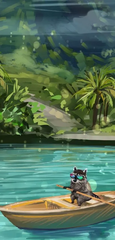 Raccoon rowing in tranquil jungle lagoon.