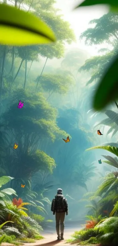 Solitary traveler in a lush jungle with butterflies.