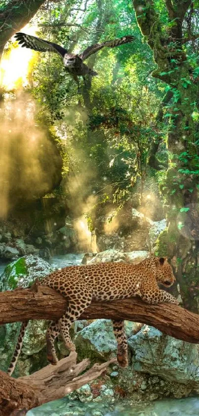 Leopard resting on a branch in a lush jungle with an eagle soaring above.