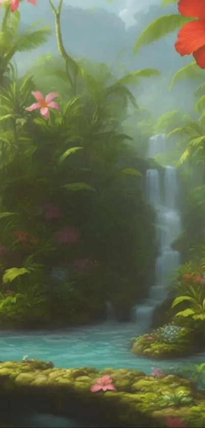 Lush jungle wallpaper with waterfall and vibrant flowers.