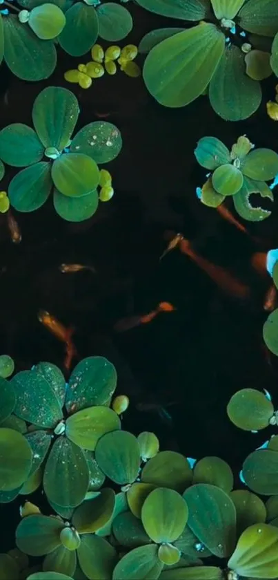 Koi fish swimming below floating leaves in a peaceful pond.