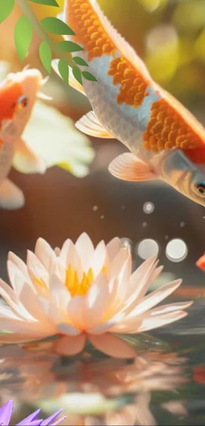 Colorful koi fish swimming near lotus in a tranquil pond.
