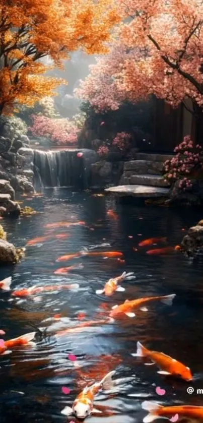 Autumn koi pond with vibrant orange leaves and serene fish.