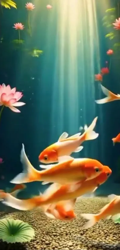 Vibrant koi swim in a serene pond with pink flowers.