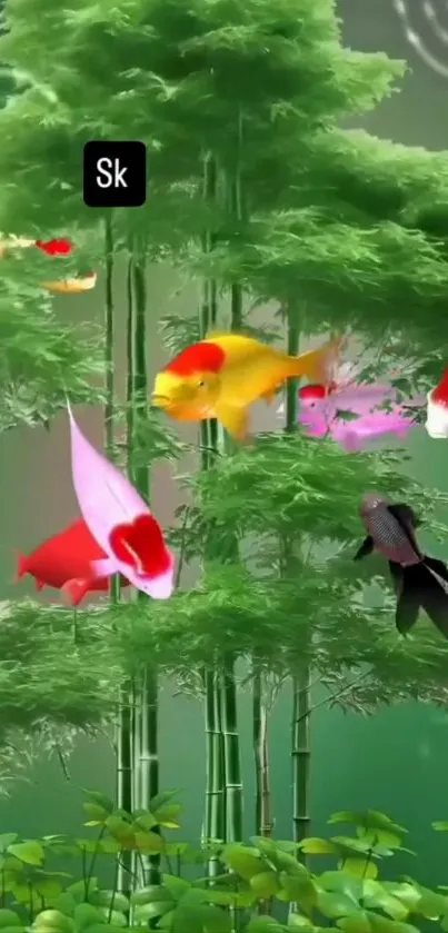 Colorful koi fish swimming around green bamboo.