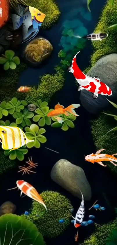 Vibrant koi fish swimming in a lush green pond wallpaper for mobile.