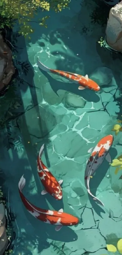 Koi fish swimming in a serene turquoise pond.