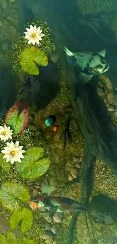 A tranquil koi pond with lilies and colorful fish, surrounded by serene aquatic scenery.