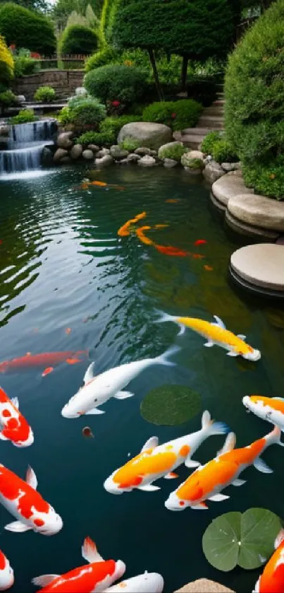 Vibrant koi fish swimming in a tranquil garden pond.