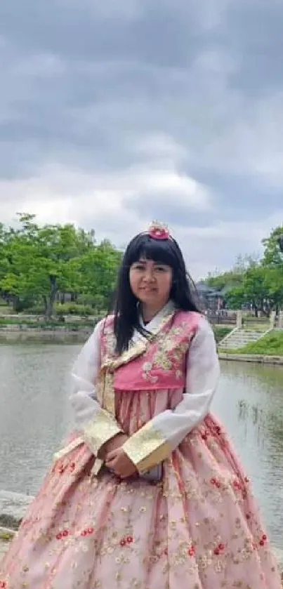 Serene Korean garden with traditional dress in springtime scenery.