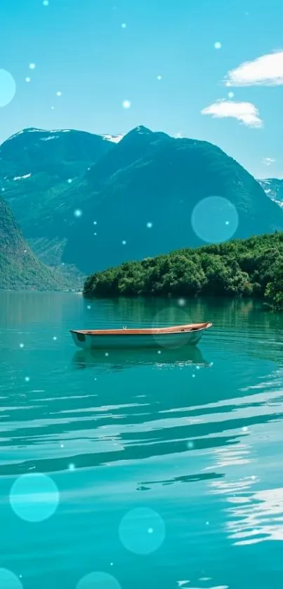 Turquoise lake with boat and mountains in background.