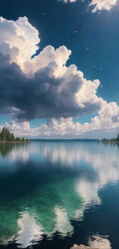 Serene lake with dramatic clouds reflected in clear blue water.