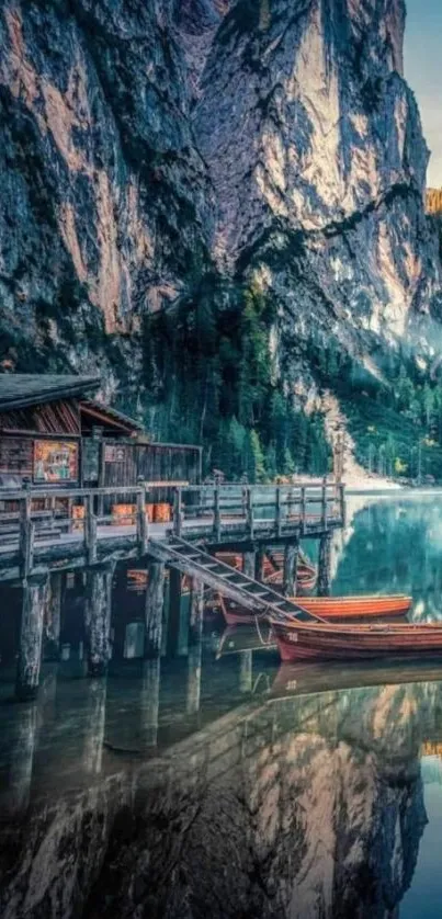 Scenic view of lake, mountains, and cabin at sunset.