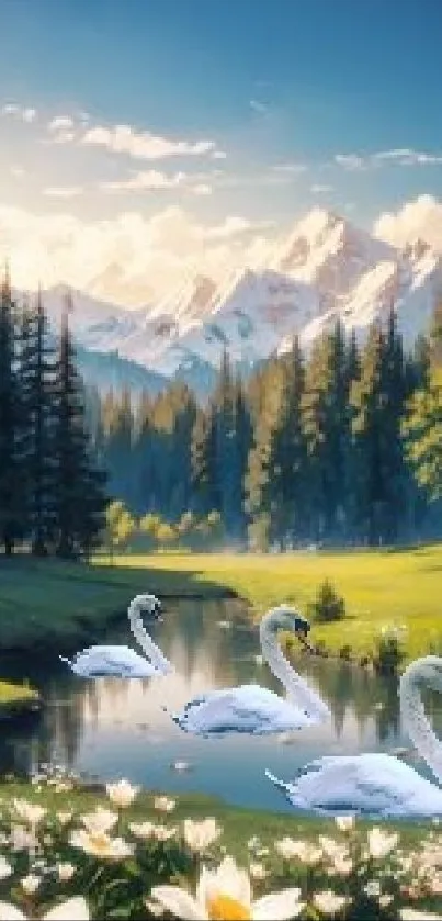 Swans gliding on a peaceful lake surrounded by mountains and pine trees.