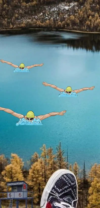 Cartoon swimmers in a tranquil blue lake.