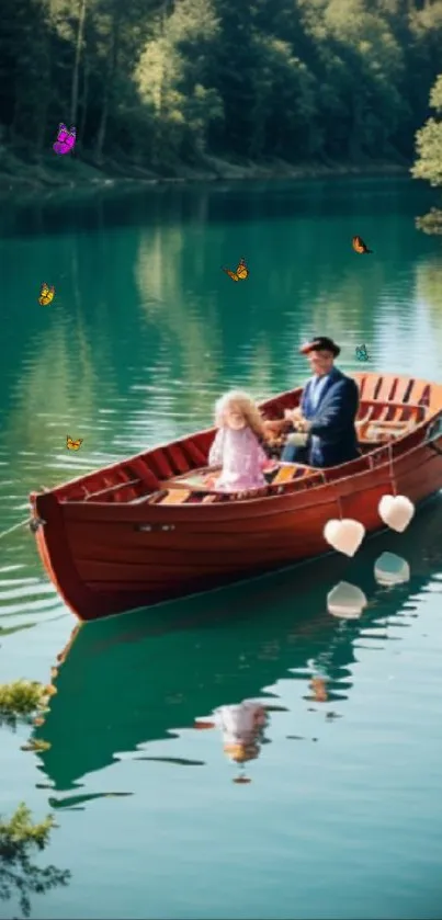 Wooden boat with family on tranquil green lake, surrounded by lush trees.