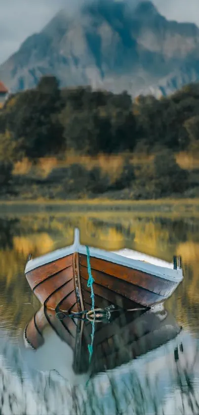 A wooden boat floats on a calm lake with a mountain in the background.