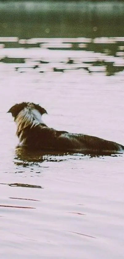 Dog swimming in a serene lake at sunset.