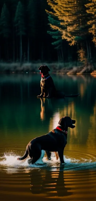 Two dogs by a serene forest lake at golden hour.