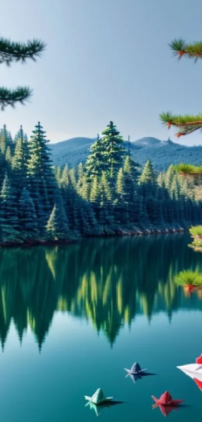 Scenic view of a calm lake with evergreen trees and colorful paper boats.