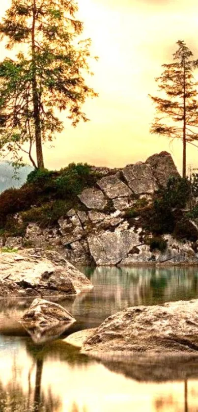 Serene lake landscape with trees at sunset.