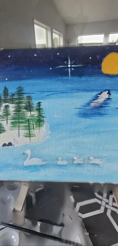 Serene lake painting with swans and night sky.