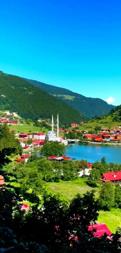 Beautiful mountain village by serene lake with lush green surroundings.