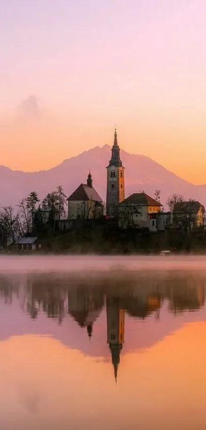 Serene sunset lake reflection with landscape and misty ambiance.