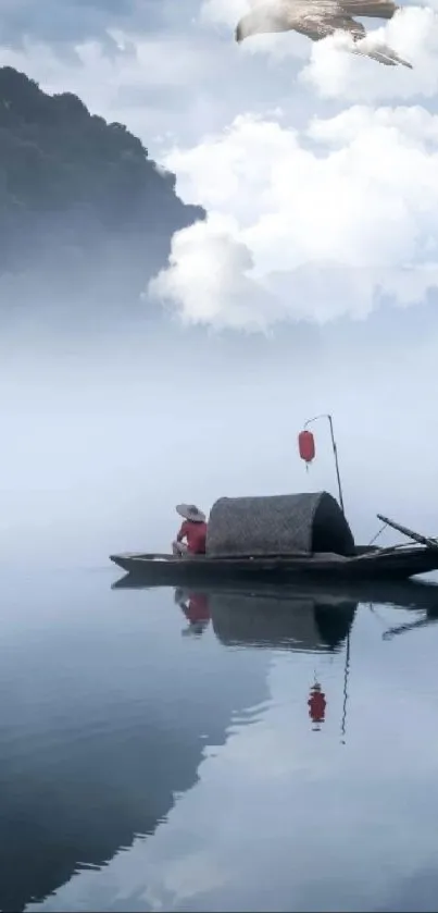 Misty lake with small boat and bird overhead.