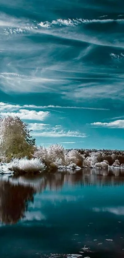 Calm lake with azure sky and lush greenery in tranquil mobile wallpaper.