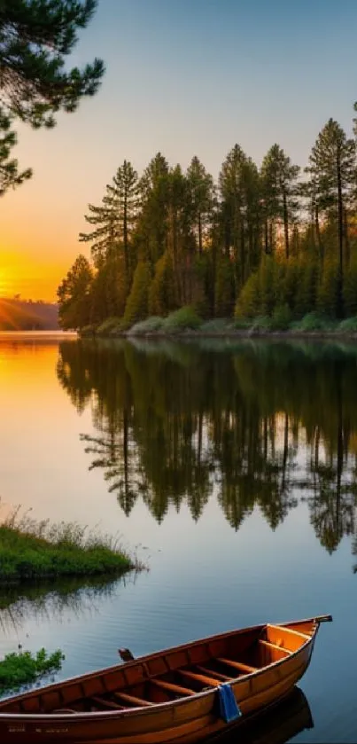 Scenic view of forest and sunrise over a tranquil lake with a boat.