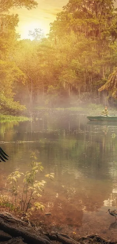 Serene lake at sunrise with boat, lush greenery, and mist.