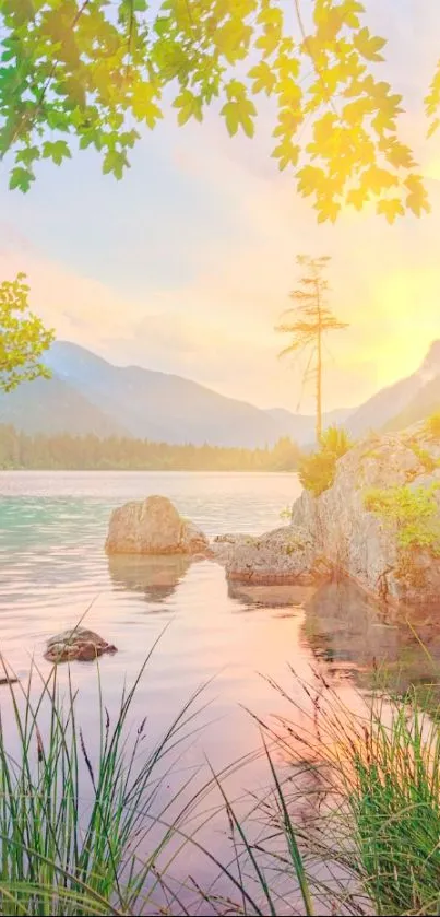 Tranquil lake at sunset with mountains and lush greenery.