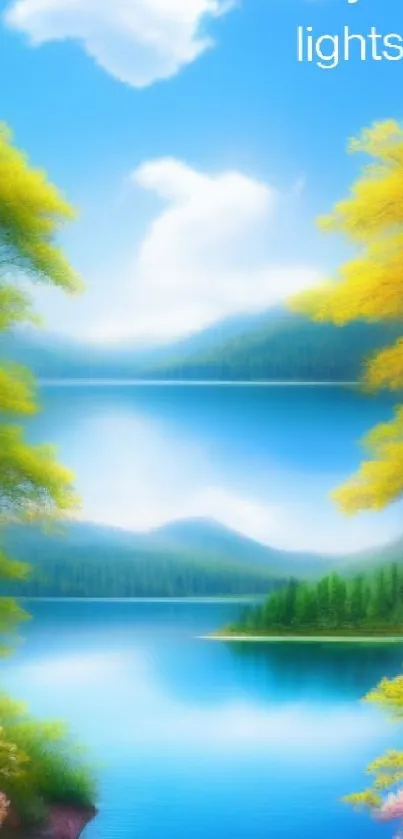 Serene lake with green trees under a bright blue sky.