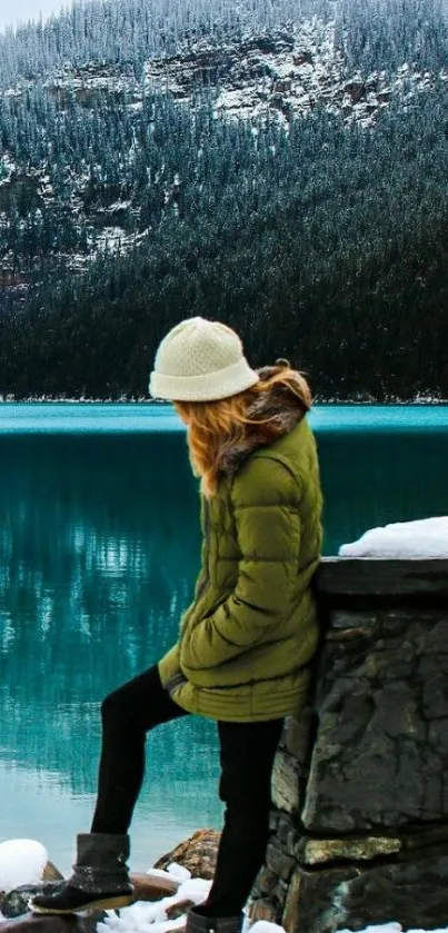 Cozy winter attire by a tranquil snowy lake.