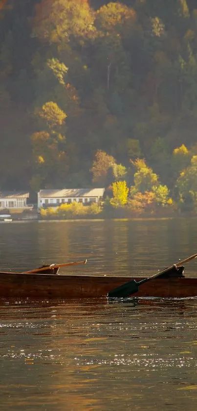 Lone boat on serene lake during autumn, showcasing vibrant seasonal colors.