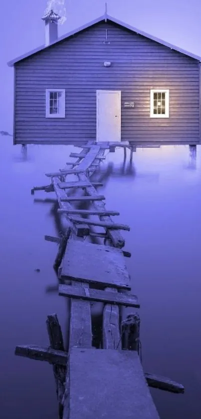 Lakeside cabin with purple ambiance and wooden path.