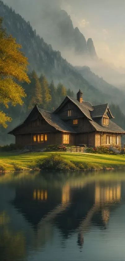 Tranquil lakeside cabin with mountain backdrop and reflective lake.