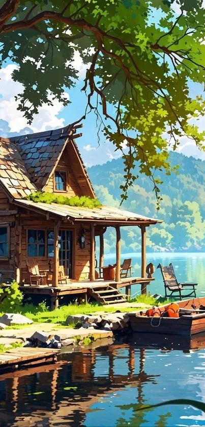 Charming lakeside cabin with tranquil waters and lush greenery.