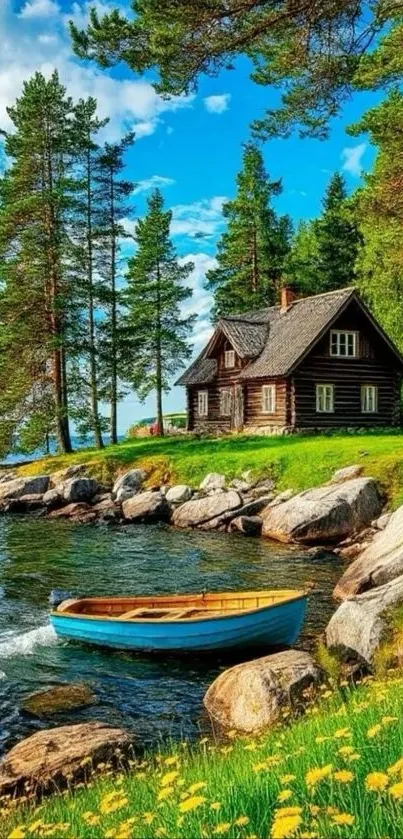 Lakeside cabin with a blue boat near a forested shore.