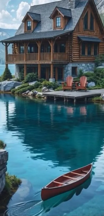 A peaceful lakeside cabin with a canoe on turquoise water.