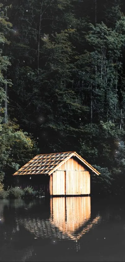 Sunlit wooden cabin by a forested lake, reflecting on water.