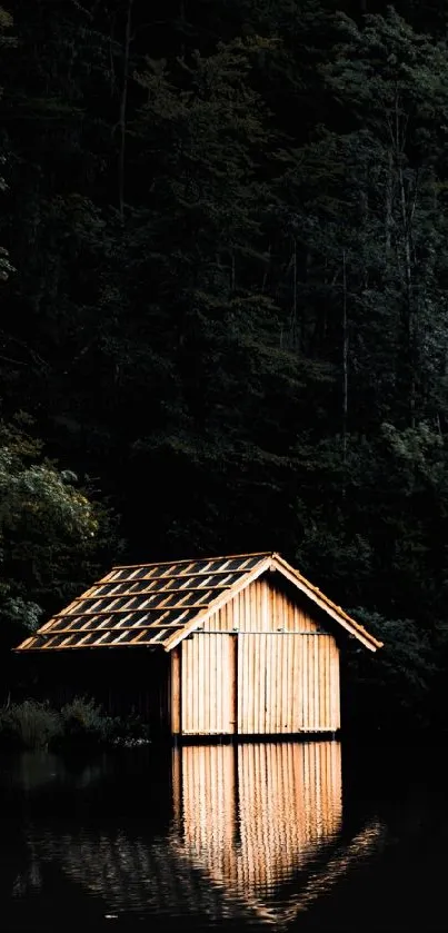 A wooden cabin reflecting on a tranquil lake at night.